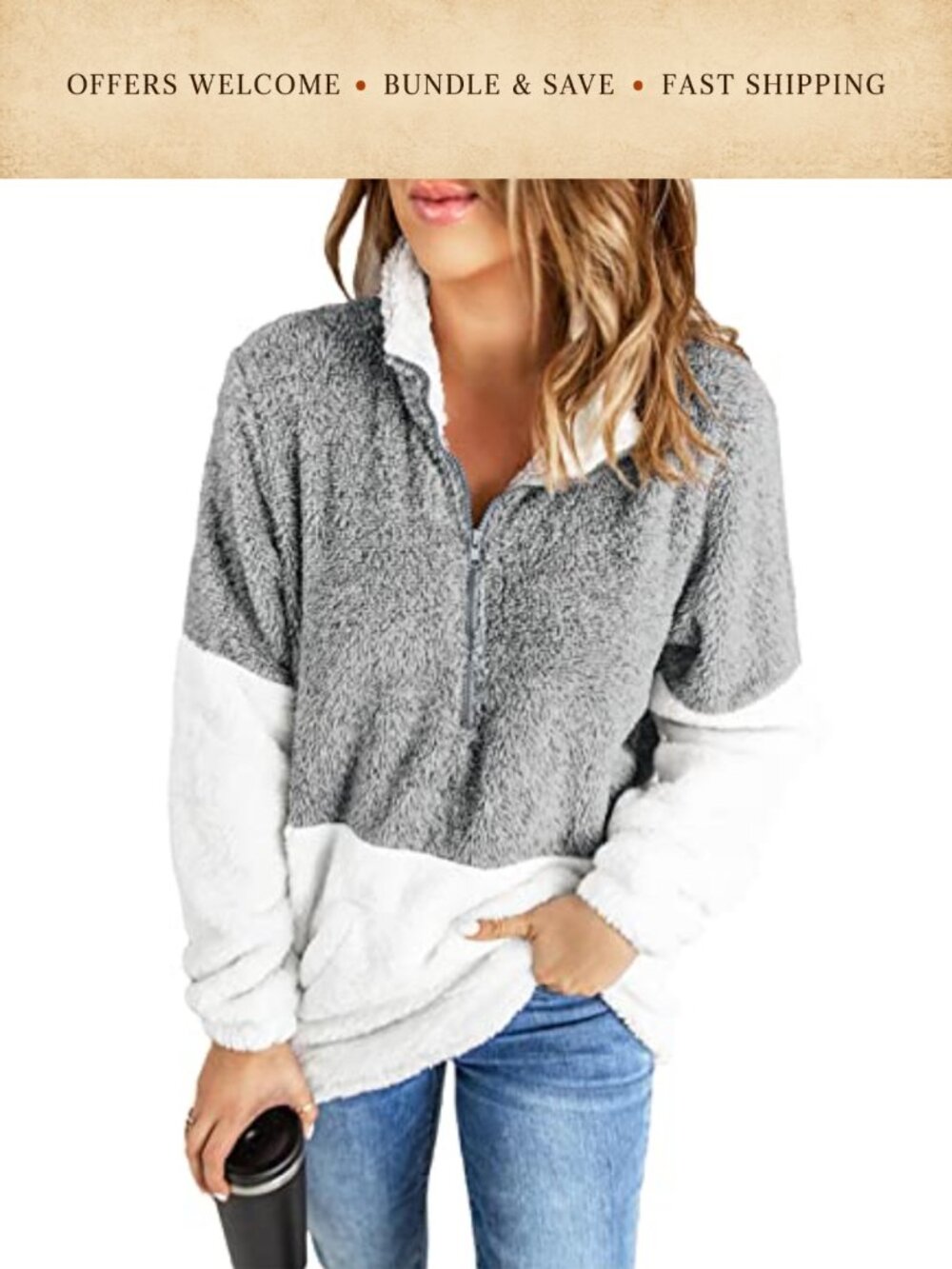 Plaid Sherpa Fleece Quarter Zip Sweatshirt Long Sleeve Pockets Pullover